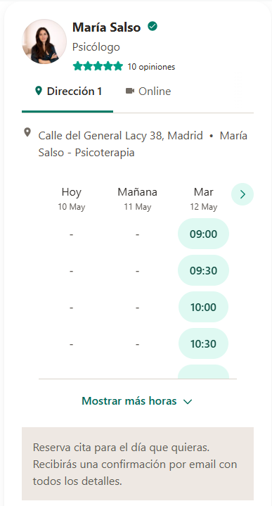 Vista previa del calendario de reserva de Doctoralia